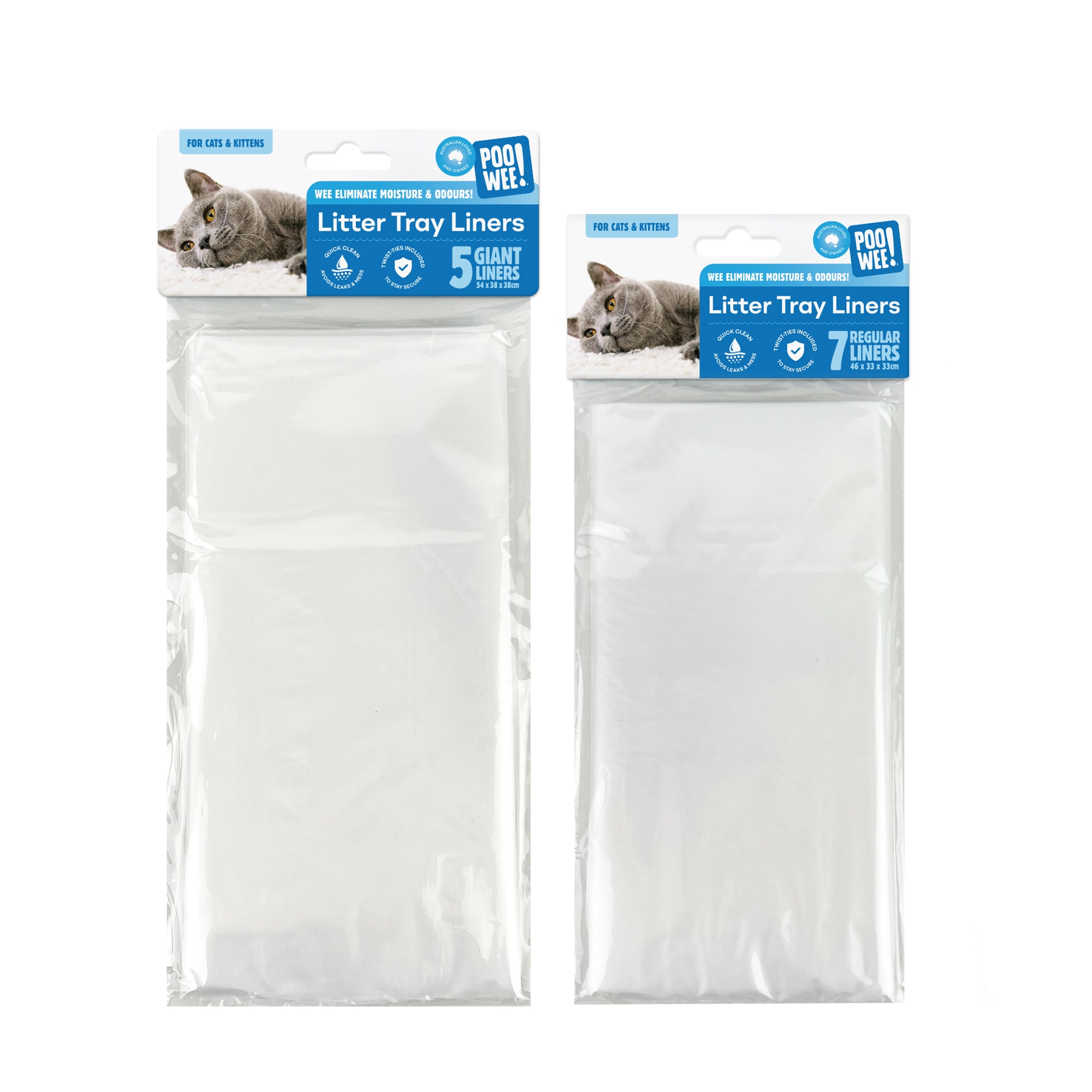Two packages of litter tray liners with cat illustrations on a white background