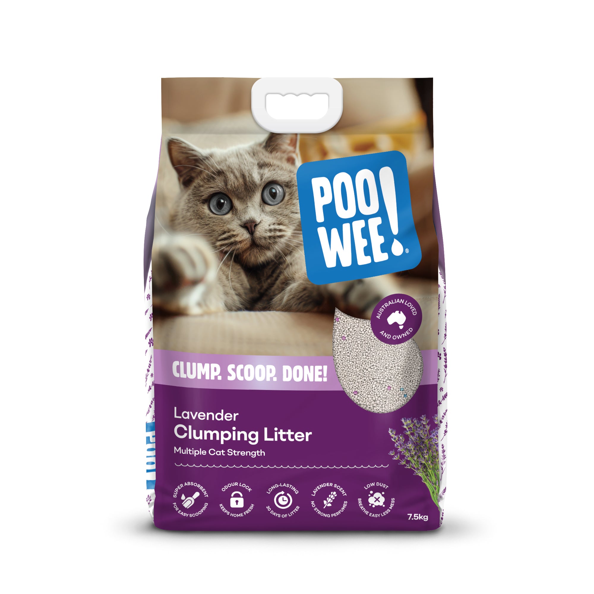 Bag of POO WE! lavender clumping cat litter with a cat on the label.