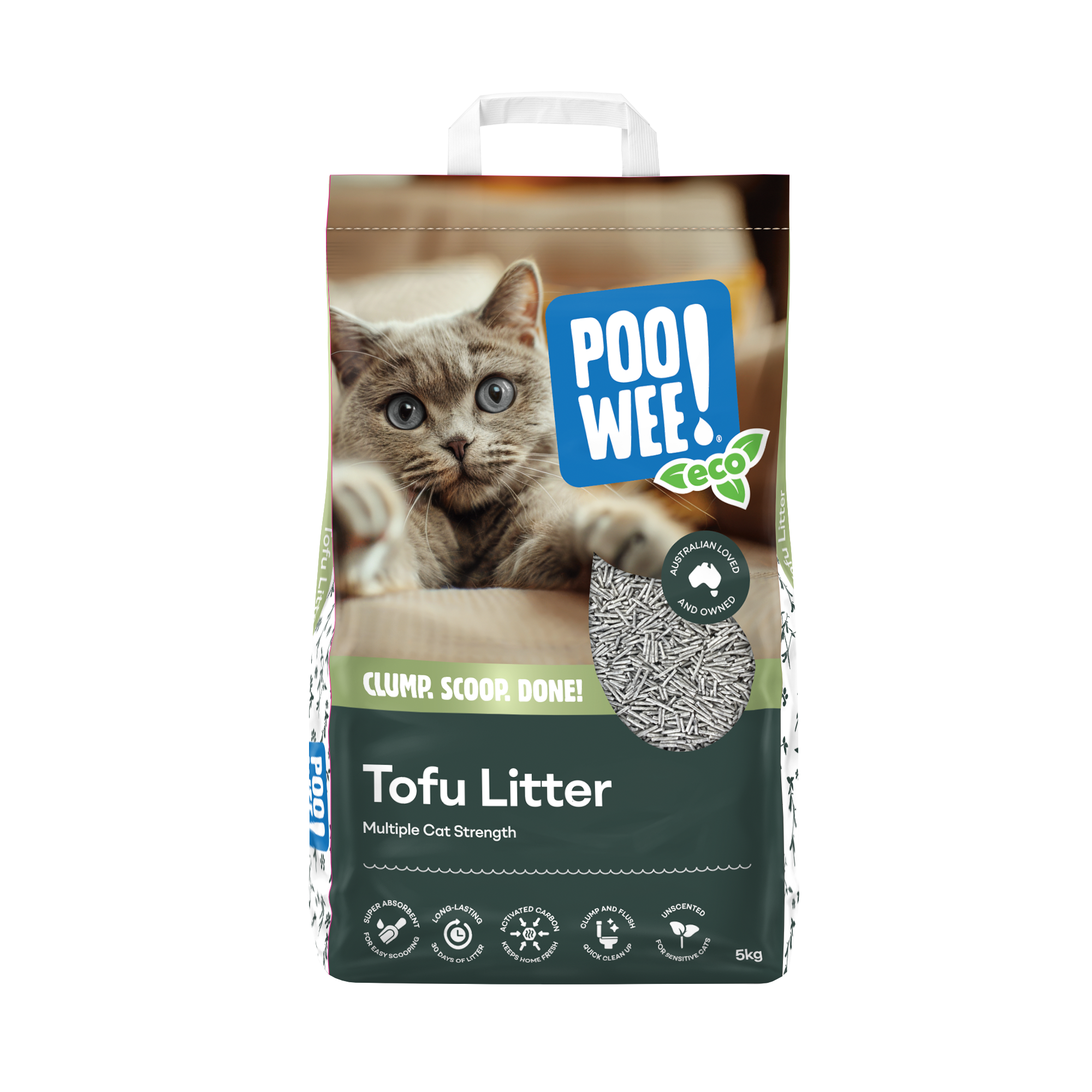 Bag of POO! WEE! tofu litter with a cat on the label