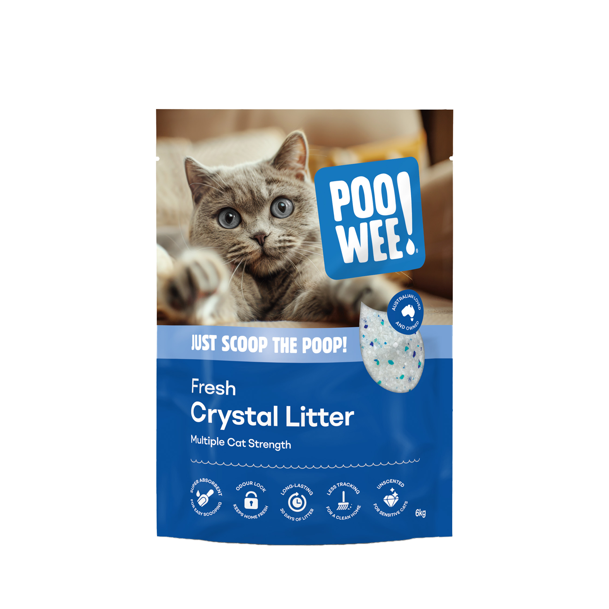 Bag of POO! WEE! cat litter with a cat on a white background
