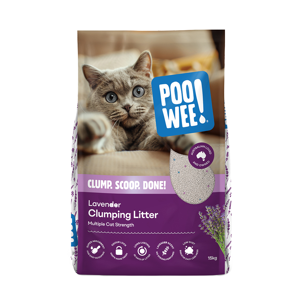 Bag of POO WEE! lavender clumping litter with a cat on a white background