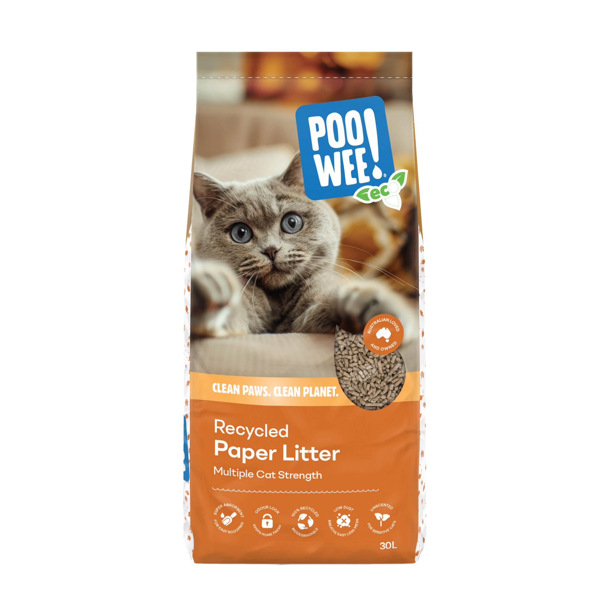 Bag of POO! WEE! recycled paper litter with a cat on the packaging.