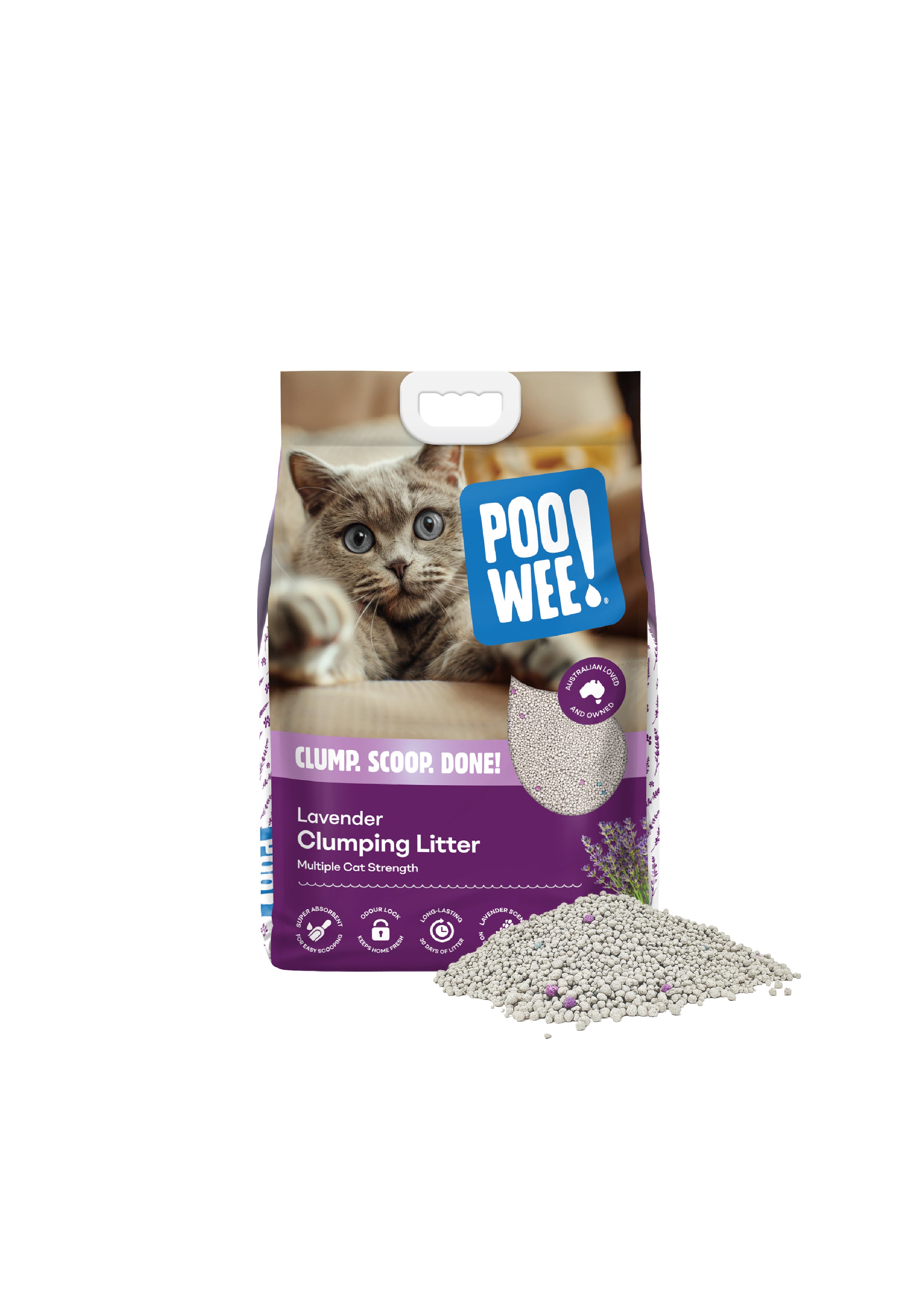 Cat litter package with a cat on the label and some litter in front
