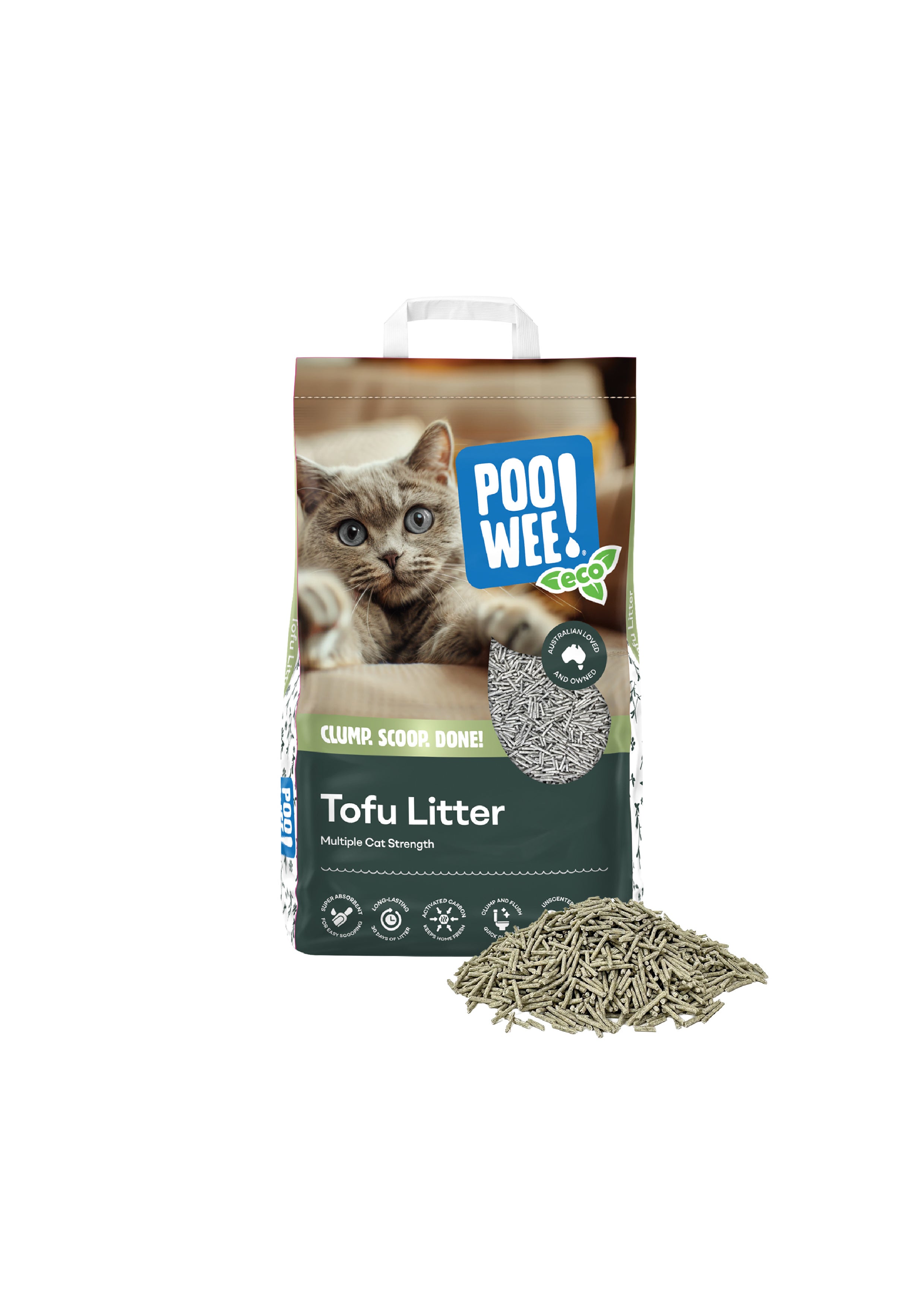 Tofu cat litter with packaging featuring a cat and 'Pool Wee' branding on a white background.