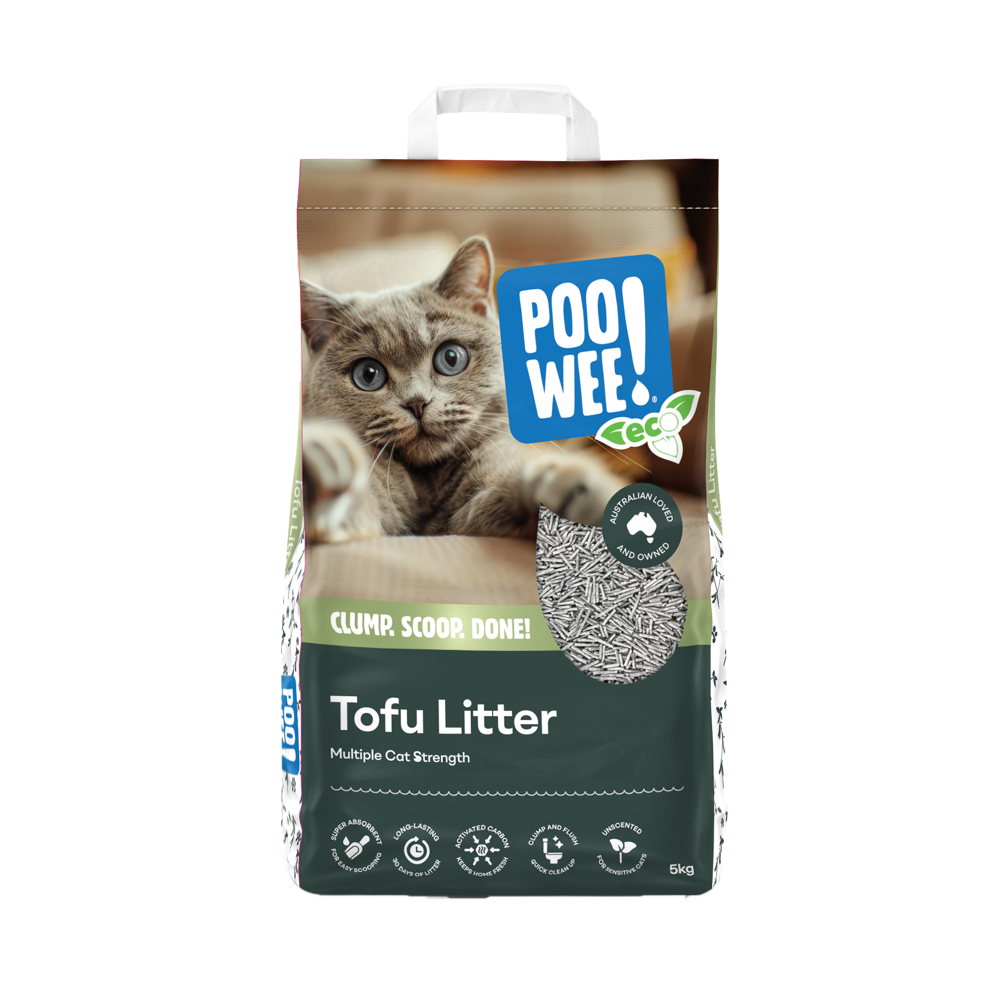 Bag of POO! WEE! tofu litter with a cat on the label